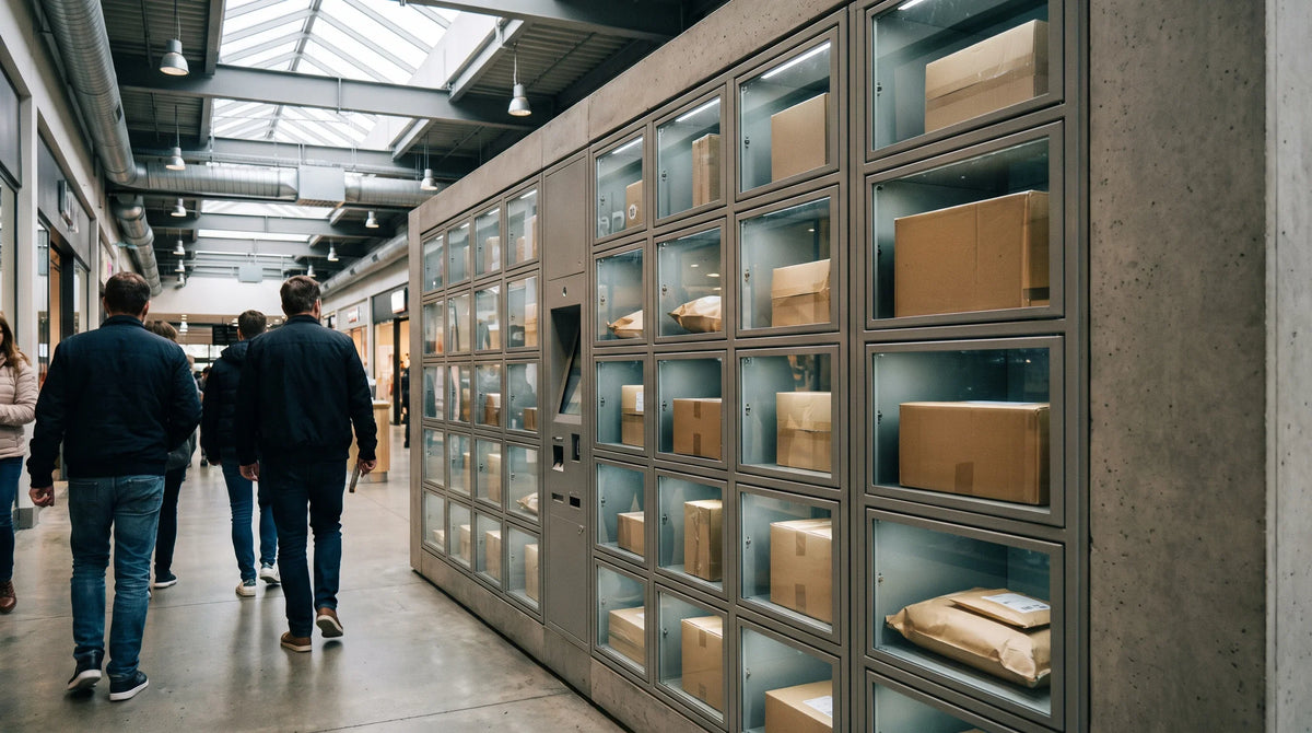 Secret-Pack-Automat mit gefüllten Fächern in einer Einkaufspassage — Mystery-Box-Automat aufstellen