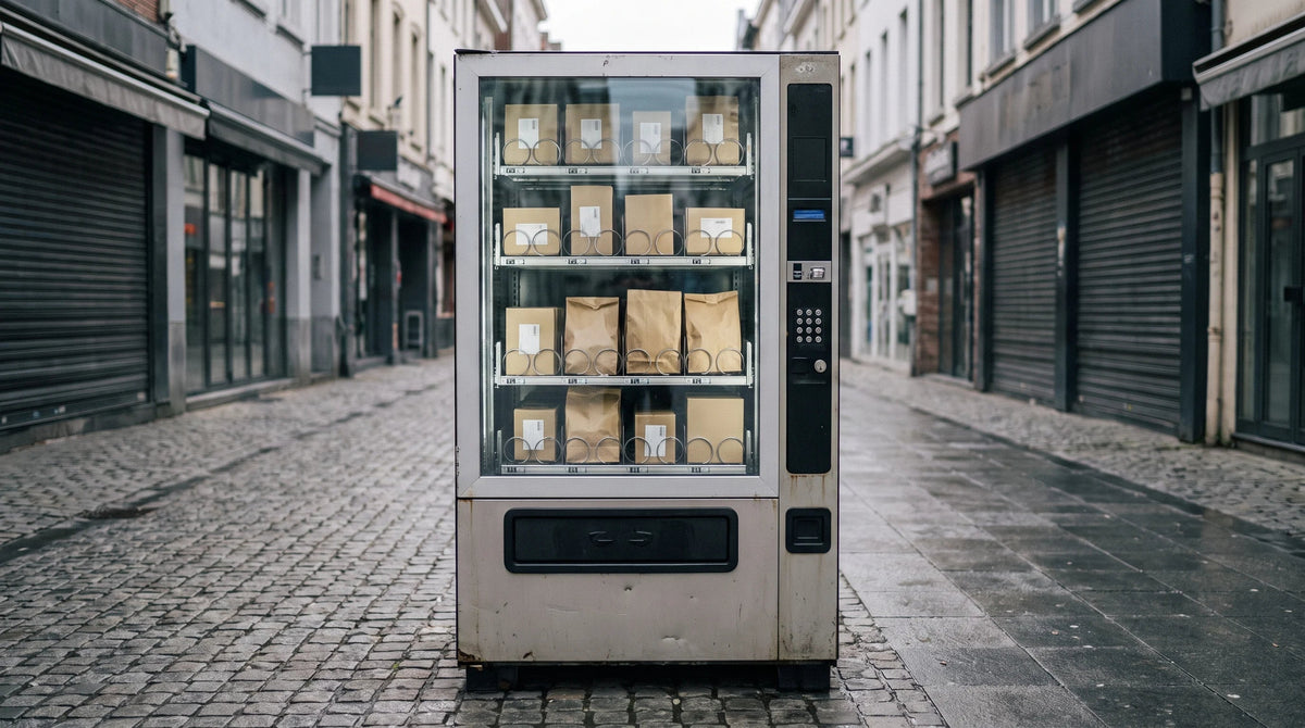 Secret-Pack-Automat in einer Fußgängerzone mit versiegelten Überraschungspaketen hinter Glas