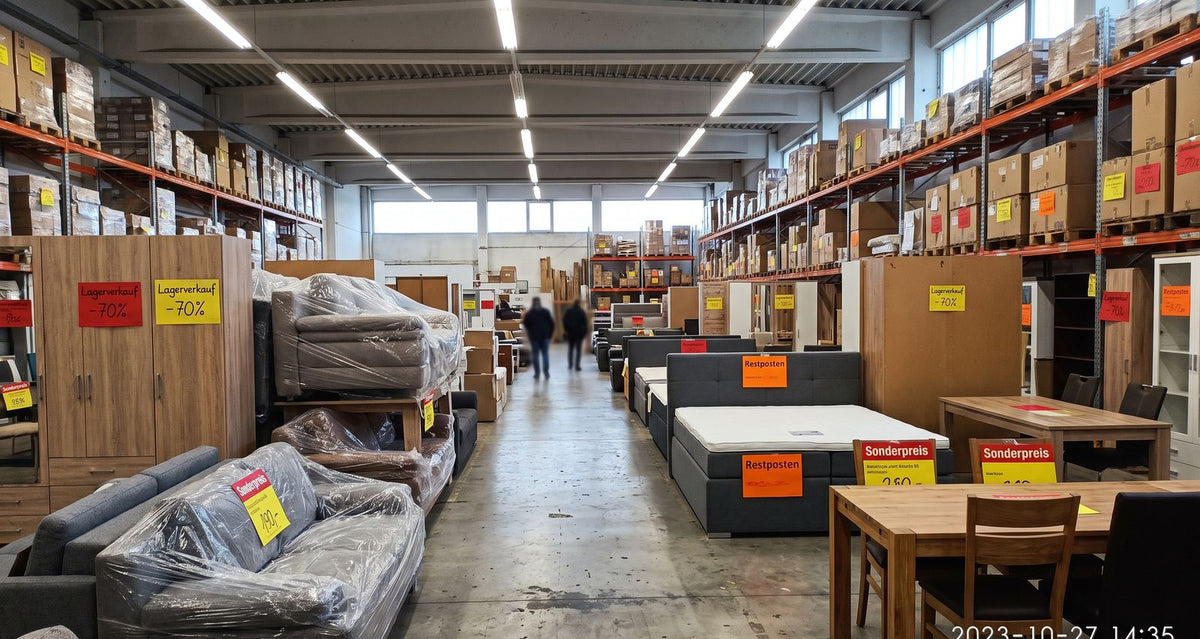 Möbelabteilung im Lagerverkauf Manching: Sofas, Betten, Matratzen und Esstische als B-Ware mit Preisschildern
