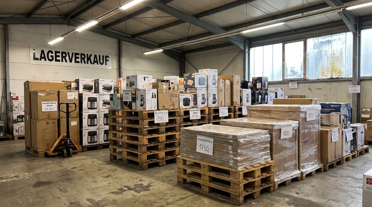 Retouren und Restposten auf Paletten im Lager Manching: originalverpackte Haushaltsgeräte vor der Prüfung