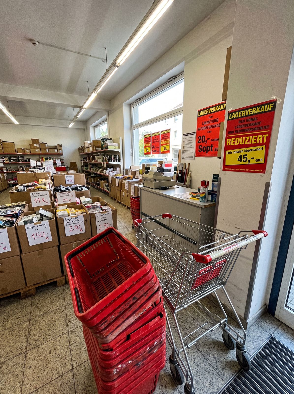 Eingangsbereich und Kasse im Lagerverkauf Manching mit Einkaufswagen und Einkaufskörben